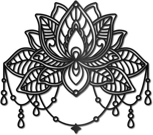 Vista 8 de CREATCABIN Arte de pared de loto de metal con diseño de luna y flores, adornos negros, letreros para decoración de pared, escultura colgante