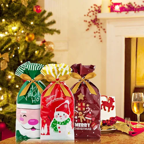 Vista 6 de HongyiTime 60 bolsas de dulces de Navidad, bolsas de regalo de plástico con cordón para regalo de fiesta de cumpleaños, aperitivos, regalos de boda