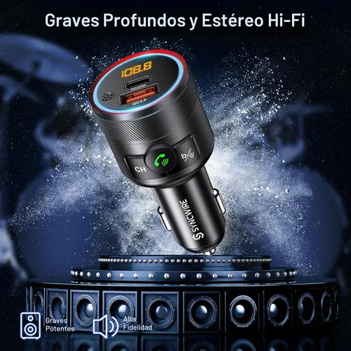 Vista 3 de Syncwire Transmisor FM Bluetooth 5.4 para coche, 38 W PD y QC3.0 Dual USB Carga Bluetooth Adaptador de coche Micrófono y sonido de graves MP3