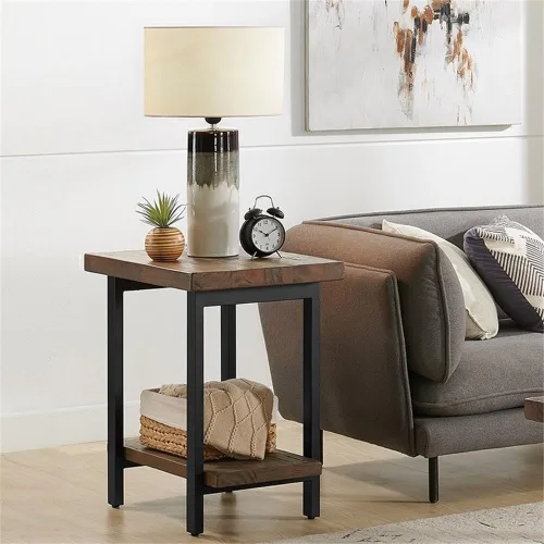 Vista 10 de Alaterre Furniture Pomona - Mesa auxiliar de madera maciza de 2 niveles con acabado natural y patas de metal, decoración moderna de granja o Marrón