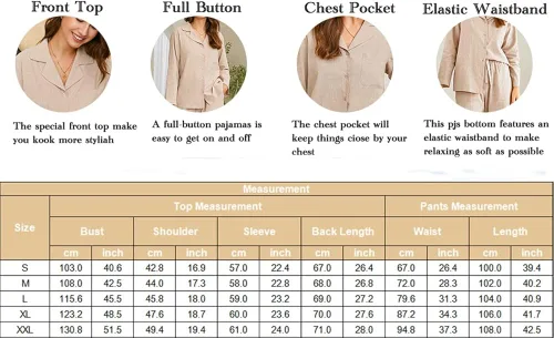 Vista 6 de Ekouaer Conjunto de pijama de dos piezas para mujer de lino y algodón con botones de manga larga con bolsillo S-XXL