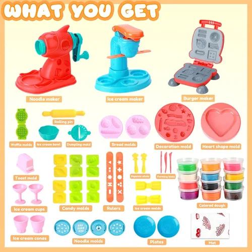 Vista 6 de Crelloci Juego de creaciones de cocina de masa de colores 3 en 1, máquina para hacer helados, espaguetis y hamburguesas, juguetes de modelado