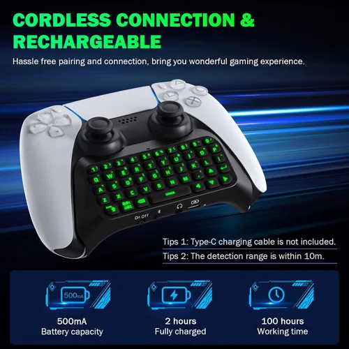 Vista 4 de MoKo Keyboard for PS5 Controller with Green Backlight, Bluetooth Wireless Mini Keypad Chatpad for PlayStation 5, Built-in Speaker & 3.5mm Audio Jack