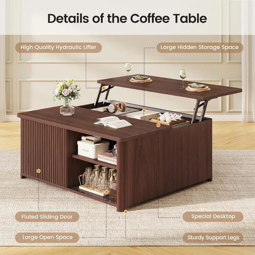 Vista 3 de SEDETA Mesa de centro elevable de 31.5 pulgadas con almacenamiento, mesas de centro cuadradas para sala de estar, mesa de centro acanalada con gran