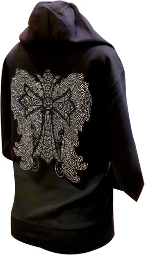 Vista 3 de Sudadera con capucha negra y plateada con diseño de cruz y alas de ángel, con cremallera negra