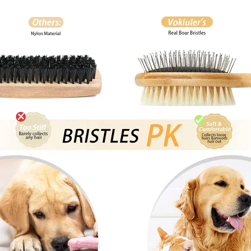Vista 4 de Vokiuler Cepillo de pelo para mascotas, cepillo de cerdas de doble cara y alfiler para peluquería de perros, cepillo de cerdas de jabalí real