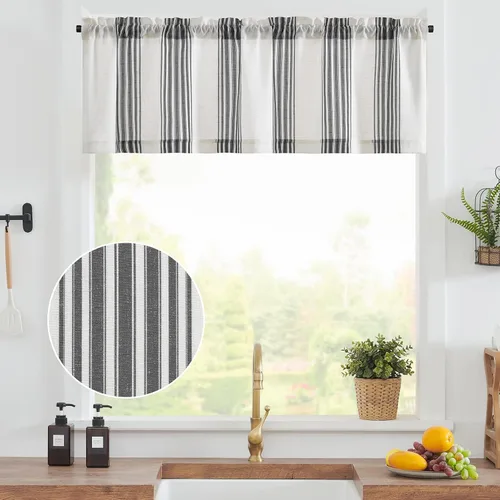 Vista 9 de jinchan - Cenefa de lino a rayas, cenefa de cortina de 16 pulgadas con rayas verticales para cocina, baño, tratamiento de ventana con filtro de luz