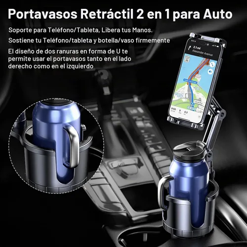 Vista 2 de Portavasos para teléfono y tableta, 2 en 1, iPad con brazo extensible ajustable para teléfono de 4.7 a 10 pulgadas, soporte para tableta compatible