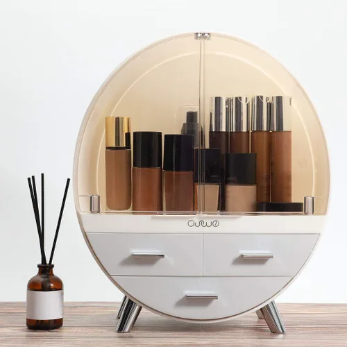 Vista 2 de Elegante caja organizadora de maquillaje a prueba de polvo, organizador de cosméticos mediano impermeable con cajones para cuidado de la piel