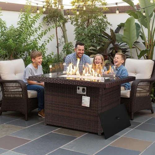 Vista 3 de NICESOUL Mesa de Hoguera de Mimbre para Exteriores de Gas Natural/Propano, Mesa de Hoguera Rectangular de 43'' para Exteriores, Mesas de Chimenea