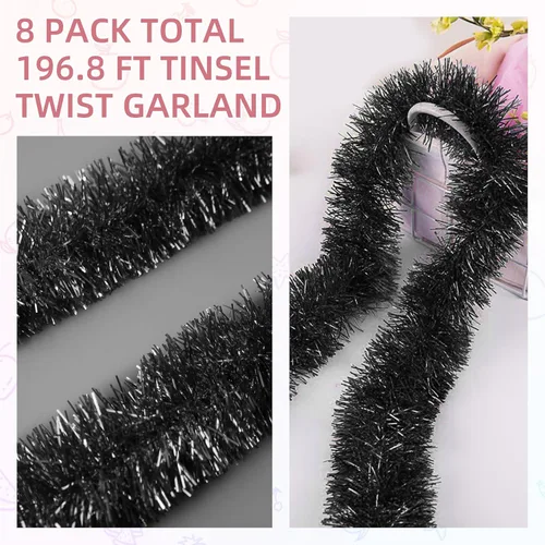 Vista 4 de Guirnalda de oropel negro de 200 pies, guirnalda de oropel de Navidad, decoración de árbol de Navidad, pancarta metálica para árbol de Navidad, Año
