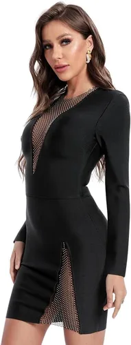 Vista 3 de BEAUKEY Vestido de vendaje de manga larga con cuello en V, vestido ajustado negro