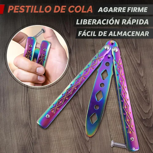 Vista 7 de Rainbow - Cuchillo de mariposa de práctica de 8.2 pulgadas con hoja embotada, cuchillo de mariposa de entrenamiento de metal con asas fuertes