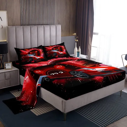 Vista 9 de Erosebridal Red Race Car - Juego de sábanas para niños y adolescentes, tamaño individual, juego de 3 piezas, sábana bajera + sábana encimera + 1