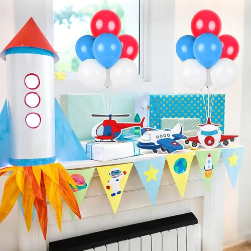 Vista 4 de 6 piezas de decoración de fiesta de cumpleaños de avión, kit de soporte de globos de avión 3D, centro de mesa de globos de avión para mesas