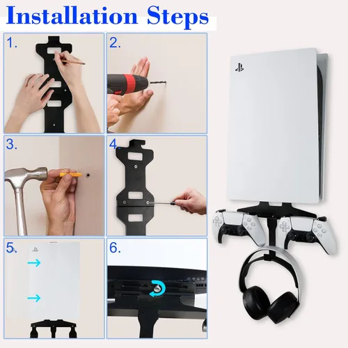 Vista 4 de PS5 Wall Mount, Wall Bracket for PlayStation 5 (Disc and Digital Edition) with Detachable Controller Holder & Headphone Hanger, Stealth Mount for