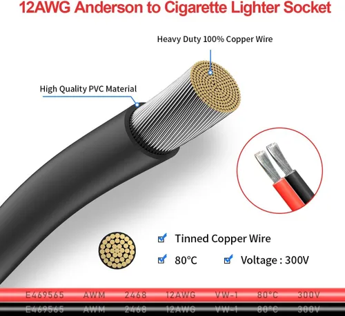 Vista 4 de ELFCULB Cable Conector de Anderson 12AWG a Enchufe de Encendedor de Cigarrillos, Conector de Cable de Enchufe Hembra de Encendedor de Cigarrillos