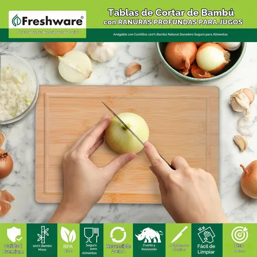 Vista 2 de Freshware Freshware - Tabla de cortar de bambú para cocina con ranura para jugos [Juego de 2] Tabla de cortar de madera para cortar carne, verduras