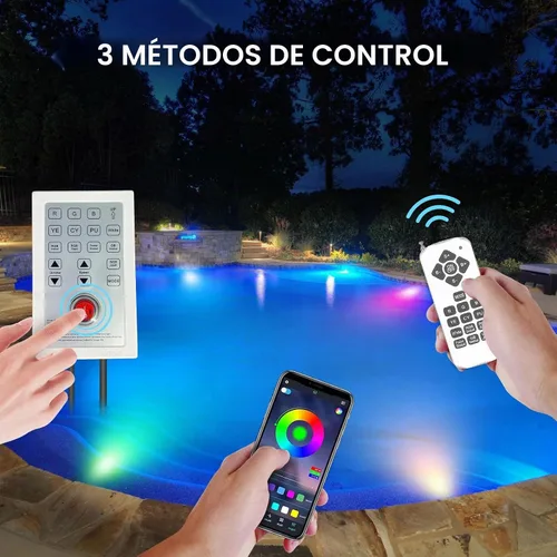 Vista 4 de Luz de piscina LED RGB de 10 pulgadas para piscinas enterradas 54W Color Changing Pool Light with 50FT Cord, APP and Remote Control for Easy Pool