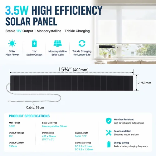 Vista 7 de Cargador de panel solar de 8.4 V para persianas enrollables motorizadas, fuente de alimentación solar de alta eficiencia de 3.5 W/11 W