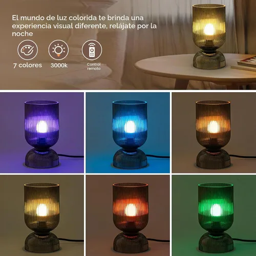 Vista 3 de Lámpara de mesa de vidrio RGB moderna con control remoto, lámpara de noche con cambio de color y pantalla de vidrio acanalada, 16