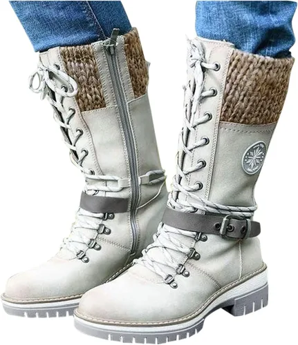 Vista 5 de ZBYY Botas vaqueras de media pantorrilla para mujer, tacón bajo grueso, botas de combate occidental, botas de invierno con punta redonda, sin