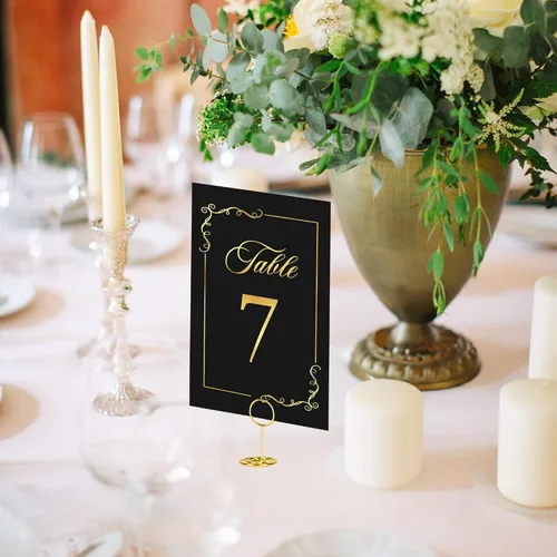 Vista 5 de JOYIT 21 juegos de tarjetas de mesa de boda del 1 al 20 y de la mesa principal con 21 soportes de números de mesas, tarjetas de números de oro negro