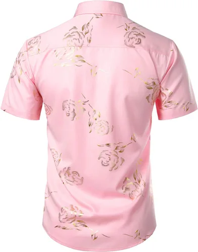Vista 2 de ZEROYAA - Camisas de vestir de manga corta con estampado de rosa dorada para hombre, estilo hipster, calce ajustado, con botones