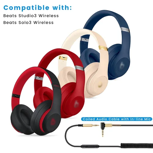 Vista 2 de weishan Studio3 - Cable de audio en espiral para auriculares inalámbricos Beats Studio Pro / Studio3 / Solo4 / Solo3, micrófono en línea de 0.138 in