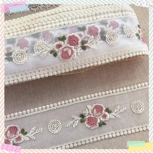 Vista 8 de Cinta de encaje, delicada cinta de bordado de algodón para decoración de bodas/novia, costura de manualidades, decoración del hogar, 10 yardas Beige