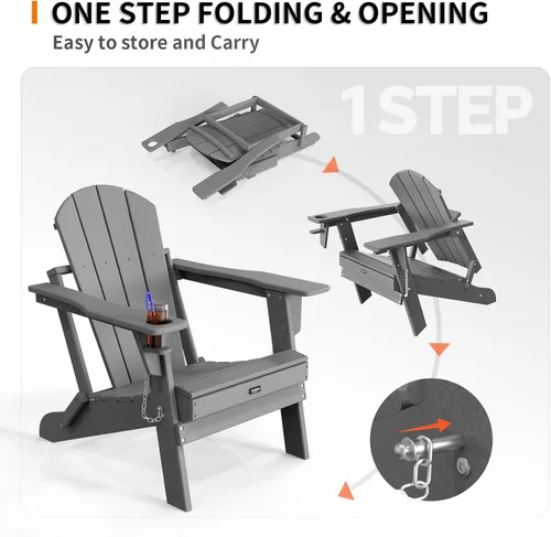 Vista 6 de VINGLI Sillas Adirondack de plástico, plegables con soporte para tazas, material de polietileno de alta densidad impermeable, cómoda capacidad