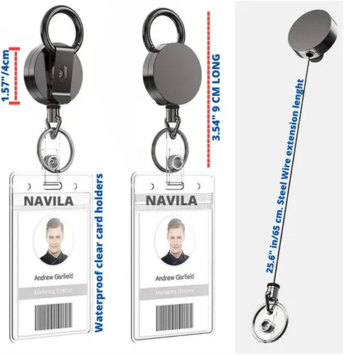 Vista 4 de Portatarjetas retráctil con clip para cinturón y llavero, resistente al agua, soporte vertical para tarjetas de identificación de metal 2, cable
