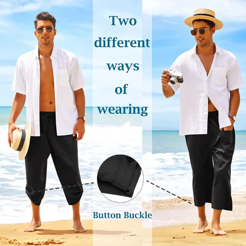 Vista 4 de COOFANDY Pantalones harén de lino para hombre, pantalones capri casuales con cintura elástica, pantalones capri holgados para playa y yoga