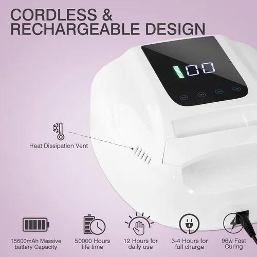 Vista 5 de Lámpara de uñas LED UV recargable, secadora de uñas inalámbrica de 96 W, luz de curado de esmalte de uñas de gel UV inalámbrico con 42 cuentas LCD
