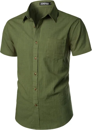 Vista 2 de ZEROYAA Camisas de lino y algodón ajustadas para hombre, de manga corta, con botones, ligeras, para la playa, con bolsillo
