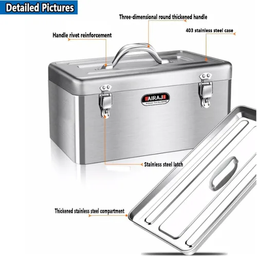 Vista 4 de Caja de herramientas de acero inoxidable, caja de herramientas multifunción plegable de 2 capas, con bandeja de herramientas extraíble y caja