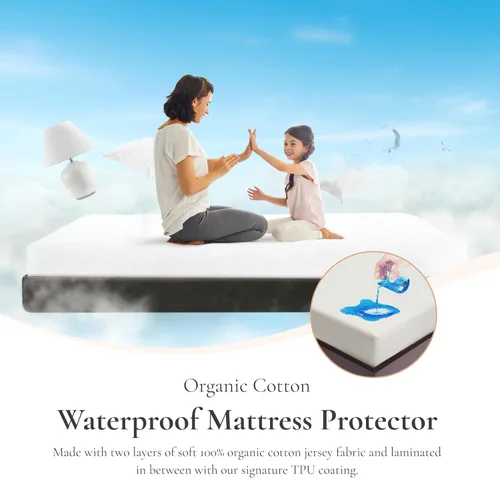 Vista 2 de Sleep & Beyond Protector de colchón impermeable 100% algodón orgánico, sueño saludable, protección contra ácaros, transpirable y flexible