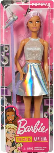 Vista 6 de Barbie Careers Muñeca de Moda y Accesorio, Estrella Pop con Cabello Rosa y Ojos Marrones Vistiendo Falda Iridiscente con Micrófono