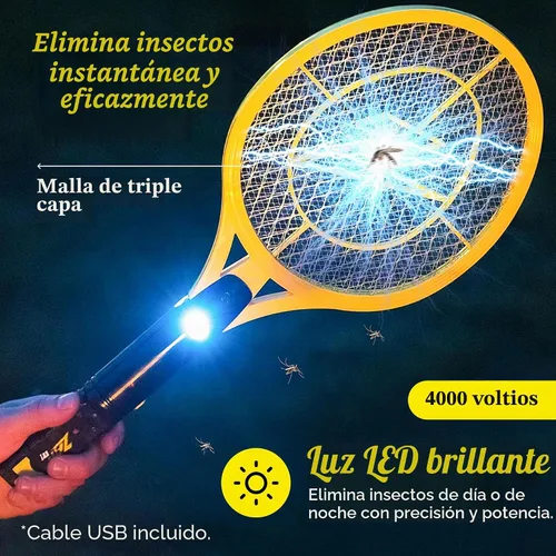 Vista 5 de ZAP IT! Raqueta matamoscas eléctrica, matamoscas de alta potencia de 4.000 voltios para interiores, recargable por USB, para uso en interiores