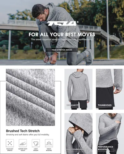 Vista 6 de TSLA Sudadera con capucha de manga larga para hombre, sudadera deportiva ligera, de rendimiento activo con capucha