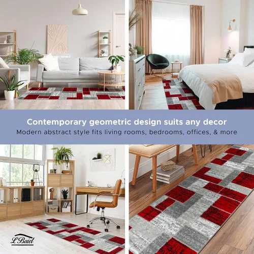Vista 5 de L'Baiet Verena - Alfombra geométrica roja y gris de 8 x 10 pies, alfombra de área grande para sala de estar, dormitorio, mesa de comedor, oficina