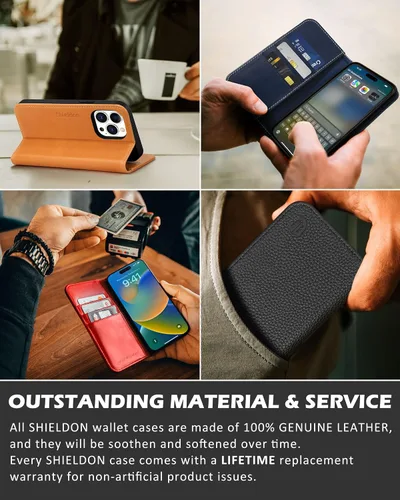 Vista 9 de SHIELDON Funda para iPhone 13 Pro 5G, funda de piel auténtica tipo cartera con bloqueo RFID, tarjetero de crédito, soporte magnético a prueba