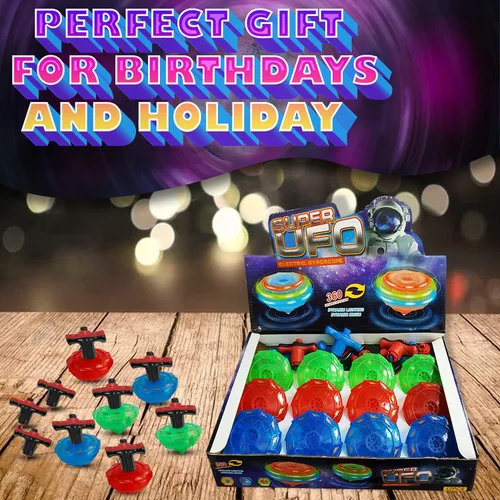Vista 6 de Paquete de 12 tops giratorios iluminados – Tops giratorios OVNI con giroscopio, juguete LED intermitente a granel, recuerdos de fiesta novedosos