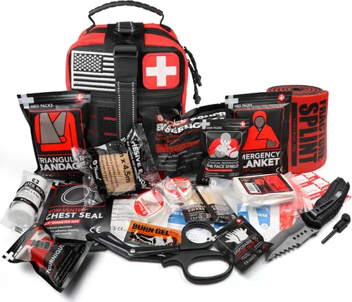 Vista 2 de Kit de primeros auxilios de supervivencia con vendaje de estilo israelí, férula, sello de pecho para emergencias tácticas Molle al aire libre, rojo