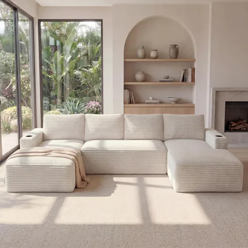 Vista 13 de Sofá grande sin hueso de 125 pulgadas con diván, moderno sofá modular con asiento profundo, sofá tapizado de pana en forma de U para sala de estar