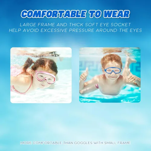 Vista 4 de KAILIMENG Gafas de natación para niños, paquete de 2 gafas de natación para edades de 3 a 15 años, antivaho y anti-rayos UV Cear de visión amplia