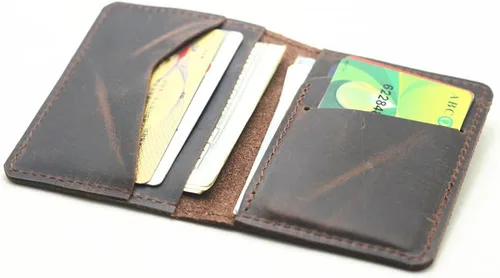 Vista 2 de JJNUSA Cartera de cuero minimalista hecha a mano para hombre, tarjetero, carteras desgastadas para regalos, marrón oscuro, Minimalista