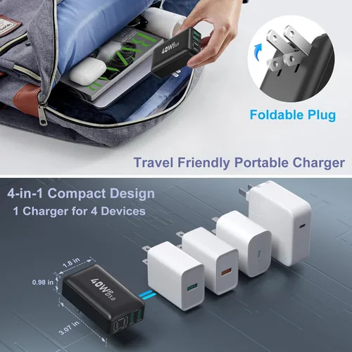 Vista 5 de Bloque de cargador plano USB C, enchufe de pared de carga rápida OKRAY 40W 4 puertos tipo C PD3.0&QC3.0 Multiport Charger Slim Travel Power
