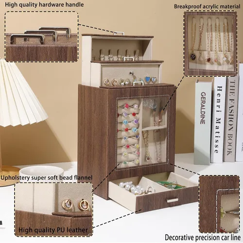 Vista 3 de Tian Ye Zhou Joyero vertical para niña, de piel sintética, con 4 capas, organizador de aretes, collar, anillo, pulsera, joyero, caja de joyería