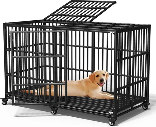 Vista 9 de Jaula resistente para perros de 54 pulgadas, jaula/perrera para mascotas con alfombrilla, a prueba de escape con techo que se abre por arriba, 4